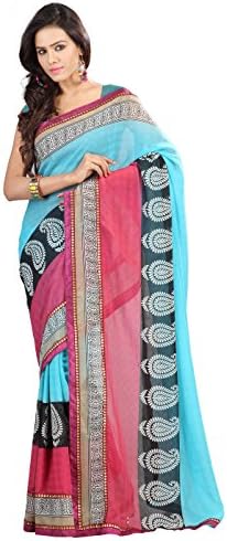 Chiffon Blue Indian Bollywood Women Sari or Saree with Unstitched Blouse Piece