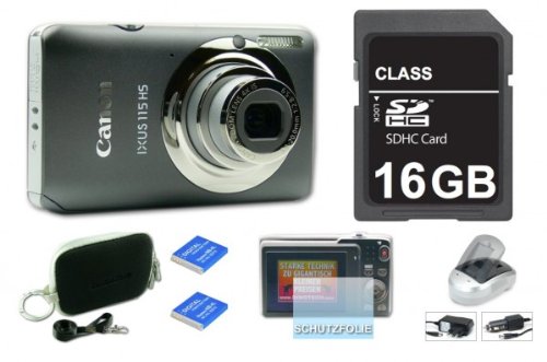 Canon Ixus 115 Grau Digitalkamera mit 16 GB SDHC Karte, Tasche, Schutzfolie, 2 x Fremdhersteller AKKUs und Multifunktion Ladegerät anstatt original