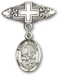 Sterling Silver Baby Badge with St. Rosalia Charm and Badge Pin with Cross