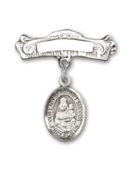 Sterling Silver Baby Badge with Our Lady of Prompt Succor Charm and Arched Polished Badge Pin