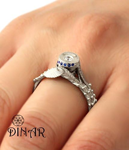 Sterling Silver CZ Engagement Ring, Silver Gemstone Ring, Silver CZ Ring, Blue Sapphire Ring, Promise Ring, leaf ring, blue gemstone