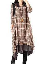 Cotton/Linen Plaid Print Long Sleeves Round Neck  Dress