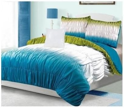 Teen Girls Kids Pink Purple Teal Ombre Ruched Full Comforter Bedding Set (BLUE, FULL) Includes Scented Candle Tarts