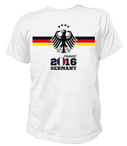 Artdiktat Herren Deutschland Fan T-Shirt – EM 2016 Frankreich – Trikot Ersatz – inkl. Wunschname und Nummer S – 5XL Größe XXXL, weiß