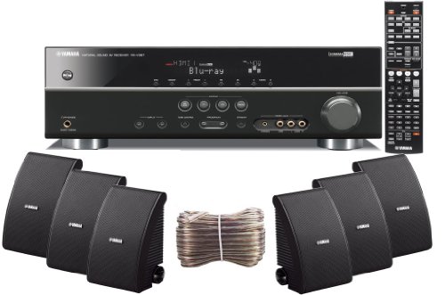 Yamaha 3D-Ready 5.1-Channel 500 Watts Digital Home Theater Audio/Video Receiver with 1080p-compatible HDMI repeater & Upgraded CINEMA DSP + Set of 6 Yamaha All Weather Indoor / Outdoor 150 watt Wall Mountable Natural Sound 2-way Acoustic Suspension Speakers - Black + 100ft 16 AWG Speaker Wire