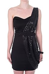 Sequined Draped Elastane/Metallic/Polyester Bandeau Neck One Shoulder Mini Dress 