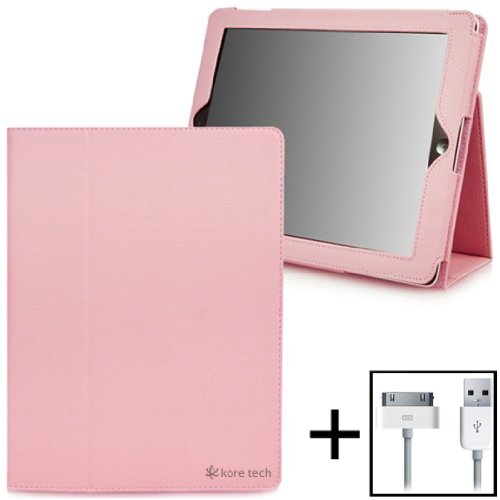 Kore Tech (TM) Leather Folio Case (Pink) with Flip Stand for Apple iPad 2/iPad 3/**The New iPad**(Built-in magnet for Apple Smart Cover's sleep & awake) + (USB Sync/Charging Cable for iPad/iPhone/iPod) - SPECIAL PROMO SALE
