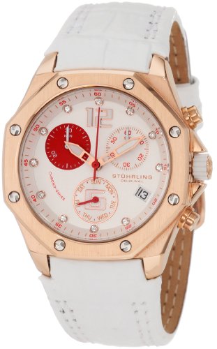 Stuhrling Original Women's 231CR.1145P56 Aquadiver Nemo Swiss Quartz Chronograph Swarovski Crystal Date White Leather Strap Watch