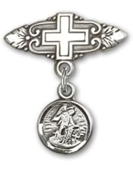 Sterling Silver Baby Badge with Guardian Angel Charm and Badge Pin with Cross