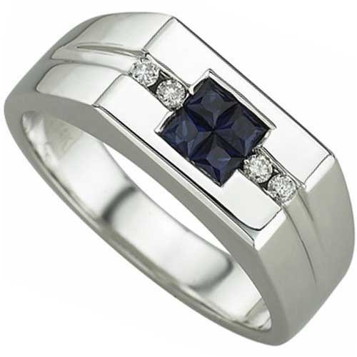 0.10 Ct.T.W. Round Brilliant Cut Diamonds, 0.46 Ct.T.W. Blue Sapphire, 14Kt. White Gold. Blue Sapphire and Diamond Men's Ring