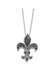 Rhodium Plated Sterling Silver Necklace Fleur De Lis, Black CZ 16"~18" Necklaces