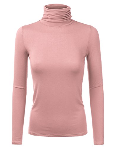 Doublju Womens Long Sleeve Jersey Turtleneck T-Shirt Top With Shirring Detail