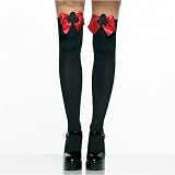 6303 Opaque Thigh Highs w/Satin Bow & Club Symbol Applique, Black/Red, One Size