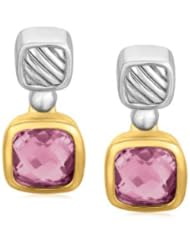 18K Yellow Gold and Sterling Silver Cushion Amethyst Accented Drop Earrings