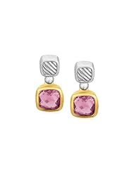 18K Yellow Gold and Sterling Silver Cushion Amethyst Accented Drop Earrings