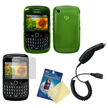 Crystal Green Hard Case / Cover / Shell, LCD Screen Guard / Protector & Car Charger for RIM BlackBerry Curve 8520 / 8530