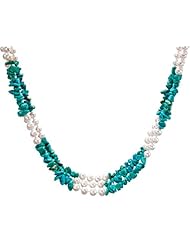 HinsonGayle Handcrafted 3-Strand Turquoise & Cultured Pearl Torsade Necklace (Boho Collection) (Sterling Silver, 18")