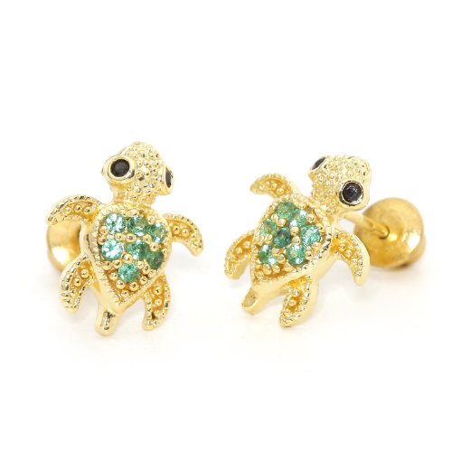 14k Gold Plated Children Emerald Turtle Children Screwback Earrings