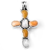 Yellow Jasper, White and Orange Colored Sterling Silver Rhodium Plated Cross Pendant.