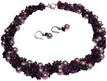 Amethyst Natural Stone and Swarovski Elements Simulated Pearl Necklace and Earrings Set