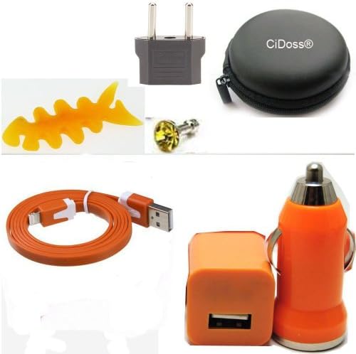 CiDoss Orange 7 in 1 6Feet 2M Extra Long Extended USB Data Cable Cord 8 Pin to USB Charging Charger Cord Cable + Wall charger + Car charger + Cable Hard Case/Bag + Fish Bone Cord Winder Wrap +EU adapter + Headset Rhinestone dust plug Kit fits Compatible with iPhone 5 5C 5S iPod Touch 5 iPad 4 iPad Mini Nano Latest Model (iOS7 Supported)