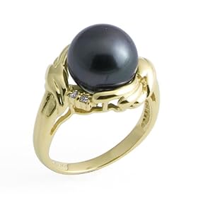 Tahitian Black Pearl Ring with Diamond in 14K Yellow Gold by