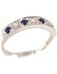 Solid English 9K White Gold Genuine Natural Sapphire & Pearl Eternity Band Ring - Finger Sizes 4 to 12 Available