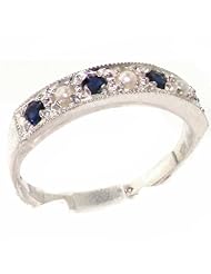 Solid English 925 Sterling Silver Genuine Natural Sapphire & Pearl Eternity Band Ring - Finger Sizes 4 to 12 Available