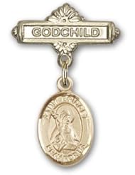 14K Gold Baby Badge with St. Bridget of Sweden Charm and Godchild Badge Pin