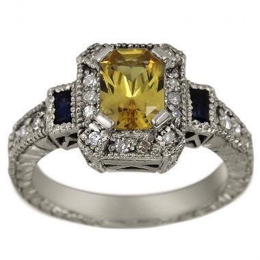 1.06ct Emerald Cut Yellow Sapphire Surrounded By Fine White Diamonds And Sapphires In Vintage 14Kt White Gold Ring - 8