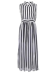 High-Neck Vertical Stripe Sleeveless Keyhole Maxi Dress 