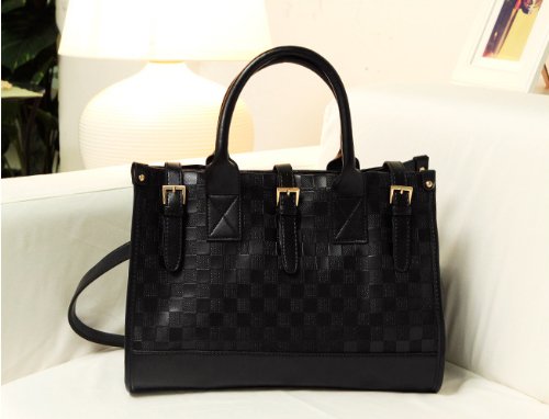 Wisedeal Fashion Elegent Black Check Pattern PU Leather Luxury Women Lady girl message shopper Hobo Tote shoulder bag purse satchel Handbag W/ Shoulder Strap