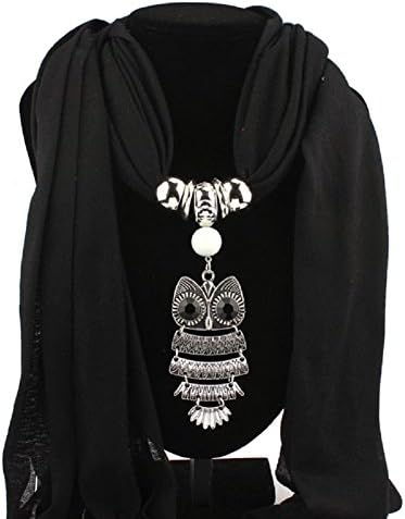 Women Tassels Wrap, Misaky Necklace Scarves Owl Pendant Jewelry Scarf Shawl (Black)
