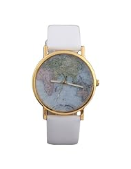 HACBIWA Global Fashion Unisex Men Women Lady Girls World Map White Leather Alloy Analog Quartz watches