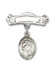 Sterling Silver Baby Badge with St. Ursula Charm and Arched Polished Badge Pin