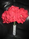 Red Rose Wedding Bridal Silk Flower Bouquet Rhinestone Stem