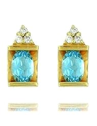 14k Yellow Gold Blue Topaz Oval Gemstone and Diamond Earring, Birthstone of December.
