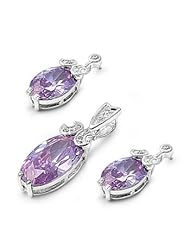Sterling Silver Lavender and Clear Oval CZ Pendant with Earrings Jewelry Set