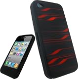 igadgitz Silikon H&uuml;lle Etui Case Schutzh&uuml;lle Tasche in Schwarz mit Motif Streifen in Farbe Rot f&uuml;r Apple iPhone 4 HD 16GB & 32GB + Display Schutzfolie