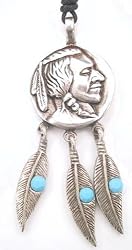 Southwestern Style Coin & Feathers Turquoise Color Pewter Pendant