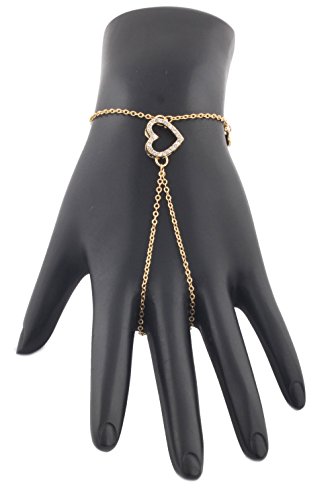 Goldtone Iced Out Heart Adjustable Finger Ring Hand Chain Bracelet