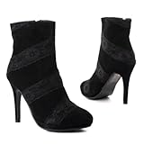 Damen Schuhe, STIEFELETTEN, HIGH HEELS, 666-51, Synthetik in hochwertiger Wild Leder Optikund Spitze, Schwarz, Gr 36