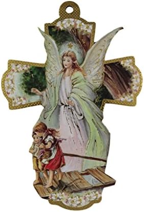 Classic Guaridan Angel with Children on the Bridge Cross Keepsake Italian Wooden Cross Plaque 6-Inch