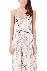 V-neck Floral Print Shift Polyester Sleeveless Spaghetti Strap Backless Maxi Dress 