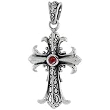 Sterling Silver Celtic Swirls on Cross Fleury Pendant w/ Single Red CZ, w/ 18" Thin Box Chain