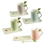 Grasslands Road Ambiance Bee Ladybug Dragonfly Butterfly Teacup & Saucer & Spoon Sets Four Styles, Set of 4