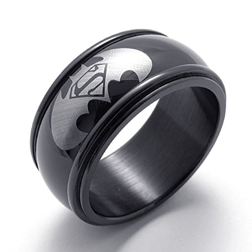 TEMEGO Jewelry Mens Stainless Steel Ring, Fashion Batman Symbol Band,Black Silver