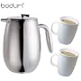 Bodum Columbia Thermal 51-Ounce Stainless-Steel Coffee Press With Two Bodum Corona Whiteware Mug's