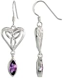 Sterling Silver Heart-shaped Celtic Fish Hook Dangle Earrings, w/ Marquise Cut Natural Amethyst Stones, 1 1/2" (39mm) tall