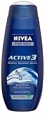 Nivea For Men Active3 Body Wash for Body, Hair & Shave, 16.9-Ounce Bottles (Pack of 3)